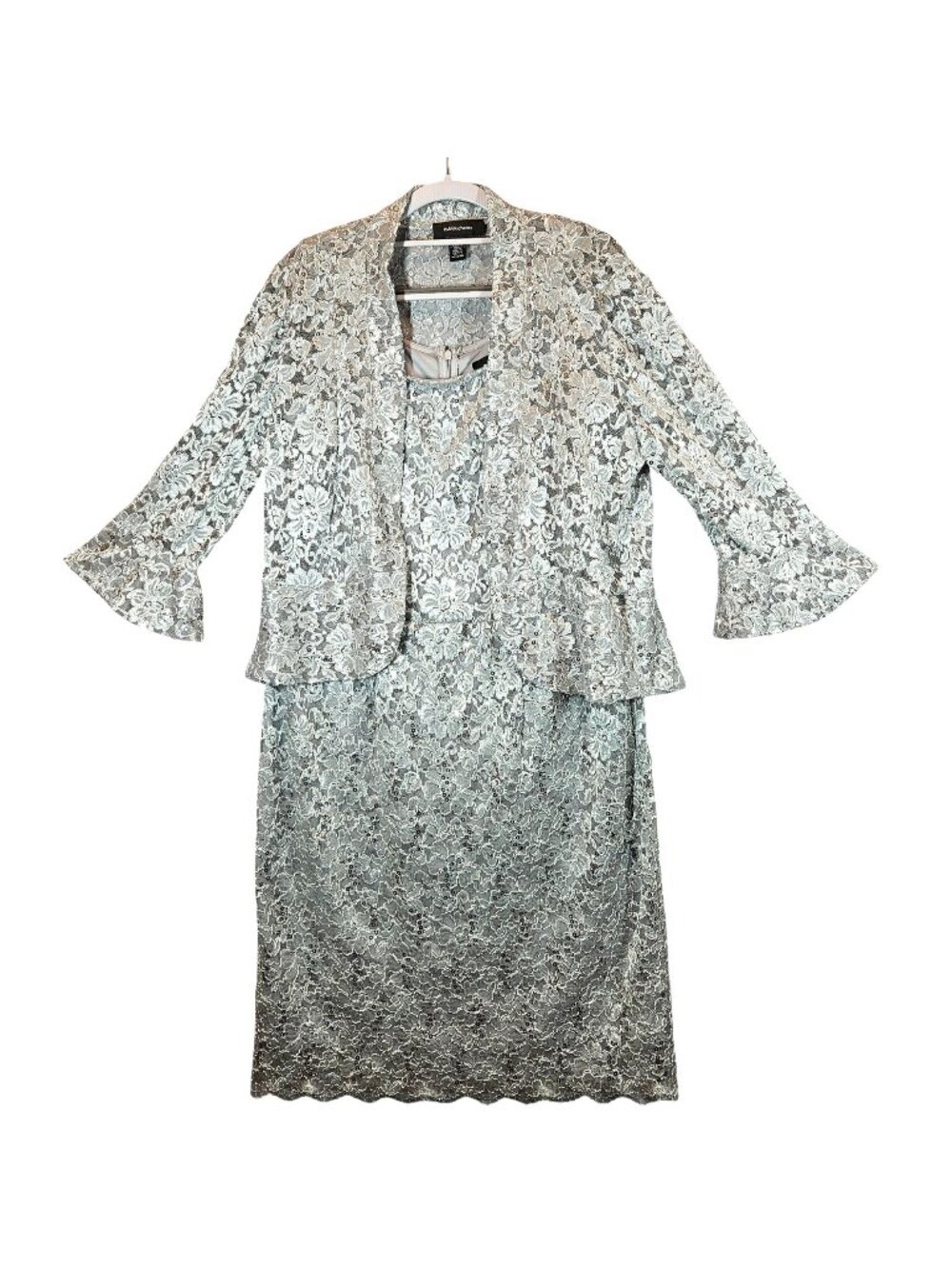 R&M Richards Womens 12 Sequin Lace Jacket Dress Set Sequins Silver Gray formal